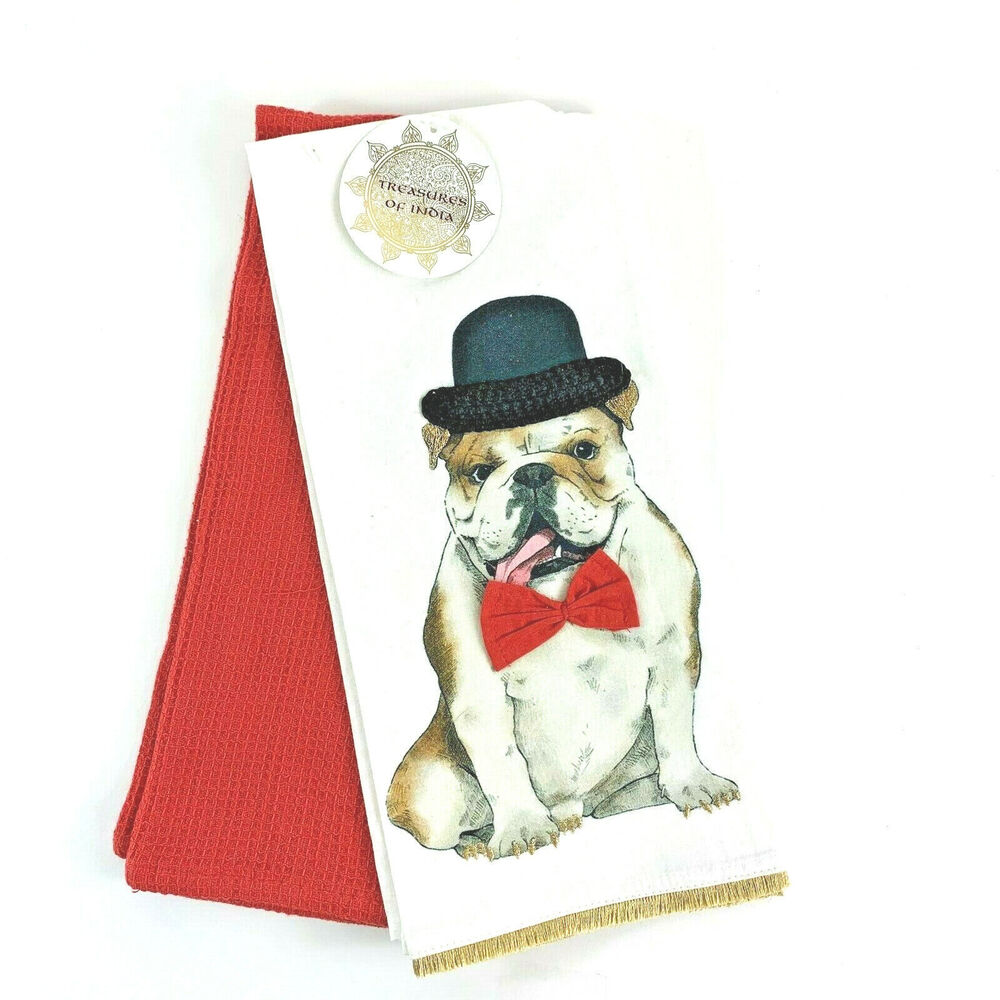 English Bulldog Set of 2 Dishtowels Kitchen Towels Red White